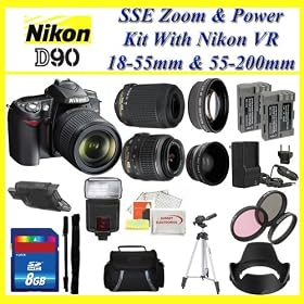 Nikon D90 SLR Digital Camera with 18-55mm VR Lens and 55-200mm Lens + Huge Accessories Package Including Wide Angle Macro Lens + 2x Telephoto + 3 Pc Filter KIT + 8gb Sdhc Memory Card + 2x Extended Life Batteries + Carrying Case + Tripod + Monopod & Much More!!