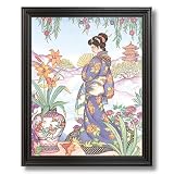 Japanese Girl Woman In Garden Asian Contemporary Home Decor Wall Picture Black Framed Art Print