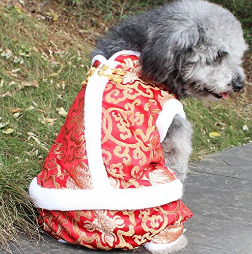 Pet Dog Peony Tang Style Costume Pet Dog Clothes Winter New Year Joyous Clothing Teddy Four Legs Satin Chinese Style Coat (XL, Red)