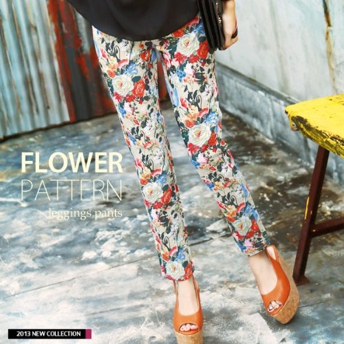 MODEなフラワープリント ストレッチ!!美脚 ウエストゴム 花柄スキニーパンツ