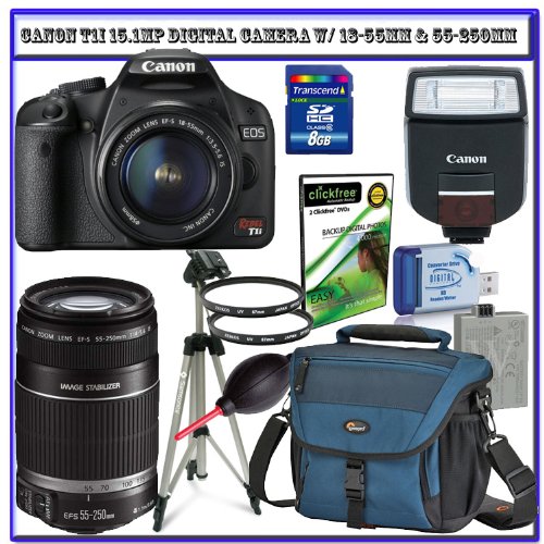 Canon EOS Rebel T1i 15.1 MP Digital SLR w/ Canon EF-S 18-55mm IS Lens + Canon 55-250mm IS Lens + Canon Speedlite 270EX Flash + Spare Li-ion Battery + Lowepro Camera Bag + 8GB + Deluxe Accessory Kit