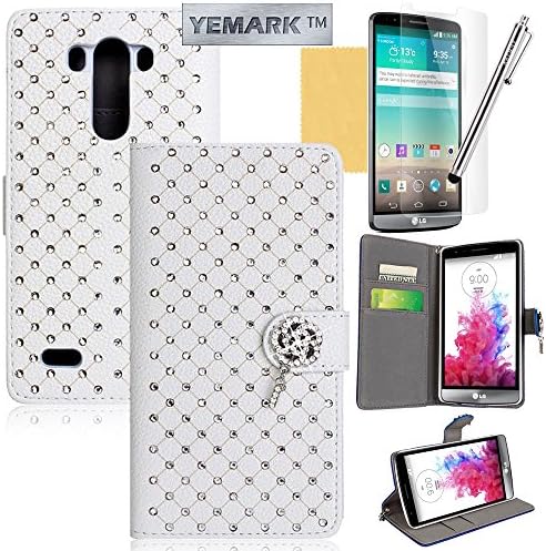 LG G3 Case,LG G3 Wallet Case,YEMARK(TM) Handmade Bling Crystal Glitter Rhinestone Diamond Flower Pendant Premium PU Leather Wallet Flip Case Cover with Stand For LG G3[Built-in Credit Card/ID Card Slots],[+Stylus+Screen Protector+Cleaning Cloth]-(White)