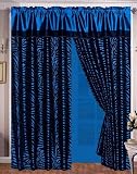 4 Pieces Faux Silk Navy Blue with Black Zebra Window Curtain / Drape Set with Sheer Backing