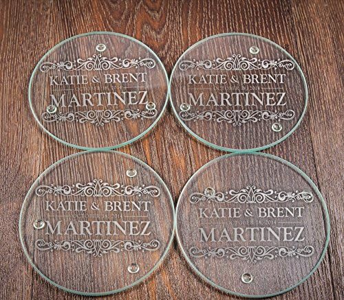 Etched Monogram Glass Coasters - Wedding Gift
