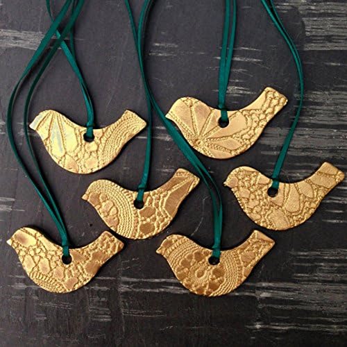 6 Golden Bird Christmas Ornaments Handmade Porcelain Lace Crochet textured Ceramic Gold Finish Dark Teal Ribbon or Choose Your Ribbon Colour