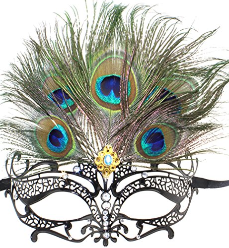 Masquerade Mask Princess Metal Rhinestone Peacock Feathers Party Mask
