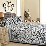 [Black Flower] 100% Cotton 3PC Classic Floral Vermicelli-Quilted Quilt Set (Full/Queen Size)