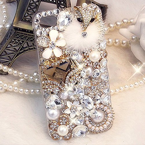 ACC5Star iPhone 5S Case, [Extreme Luxury][Bling Diamond] 3D Golden iPhone 5S/5 Back Case [Fox][Rabbit Fur] iPhone 5S/5 Clear Case Cover [Pearl Chain] for Apple iPhone 5S/5 + High Quality Random Color Stylus + Green Soft Clean Cloth with Logo