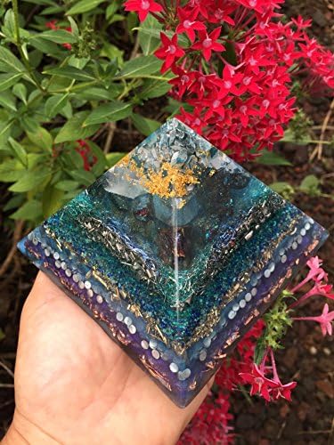 Blue Apatite and Gold Tip Large Orgone Generator Pyramid with Peacock Ore