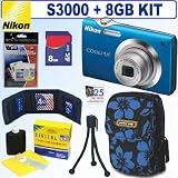 Nikon Coolpix S3000 12 MP Digital Camera (Blue) + 8GB Accessory Kit