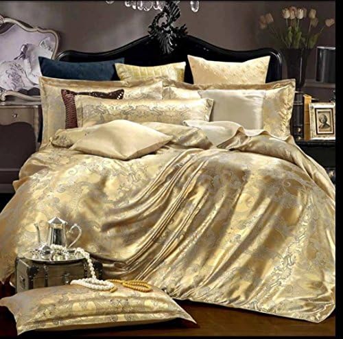 Gold Silk Tencel satin Jacquard bed linen bedding set King size 4 pcs Luxury and Noble High Quality no.15