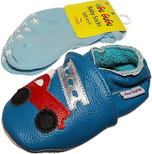Fire Fighter Soft Soled Leather Baby Shoes with Matching Socks(6-12 Months, Blue)