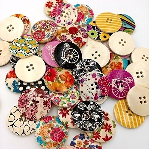Biodawn 25pcs Mixed 4 Holes Flower Pattern Wood Wooden Buttons for Sewing Crafting 30mm
