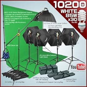 Photography video studio Lighting kit with 5 Fluorescent Light Bank Linco Flora + 5 35'' Hexogen Easy Softbox Linco Flora + 4 8308 Compact Light Stand+2 8310 Senior Compact Stand+30 85W Softwhite Daylight Photo Energy Bulb Linco +5 Carrying Bag+1 Studio Boom stand+1 Cross Bar For Background Support+