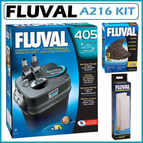 Fluval A216 Canister Filter 405 with A1440 Carbon Nylon Bag 3-pack and 404/ 405 Filter Foam Block 2-Pack
