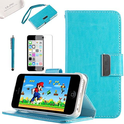 iPhone 5C Wallet Case, ULAK Fashion Magnetic Clip Wristlet Wallet Stand Case for Apple iPhone 5C with Credit Card Holder Screen Protector and Stylus (Sky Blue)