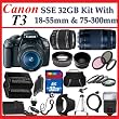 Canon EOS Rebel T3 (1100d) SLR Digital Camera w/ Canon EF-S 18-55mm f/3.5-5.6 IS II Autofocus Lens & Canon Zoom Telephoto EF 75-300mm f/4.0-5.6 III Autofocus Lens, 3 Extra Lens + Close Up Kit, 2 batteries and chargers 32gb Sdhc Memory Card, Soft Carrying Cases, Tripod & Much More !!