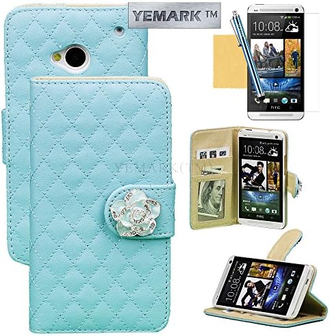 M7 Case, HTC One M7 Case, YEMARK(TM) Premium PU Leather [Luxury Diamond Camellia Flower Closure Design] Wallet Flip Protective Skin Case Cover with Stand Fit For HTC One M7[Built-in Credit Card/ID Card Holders],[+Stylus+Screen Protector+Cleaning Cloth]-(Blue), HTC One M7 Case