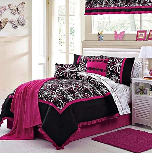 Modern Floral & Polka Dot Full Bedding Superset: 1 Comforter, 2 Shams, Sheet Set, Bedskirt, 2 Decorative Throw Pillows, 1 Throw Blanket and 2 Window Valances (13 Piece Room in a Bag Superset)