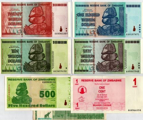 Educational Products - SET Zimbabwe 10, 20, 50, 100 Trillions Collection / Hyperinflation Money + 1 Cent, $500 and Used 25 Billion Dollar Notes