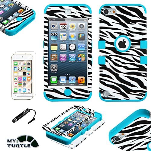 MyTurtle Shockproof Hybrid 3 Layer Hard Silicone Shell Case with Stylus and Screen Protector for iPod Touch 5 / 6 Generation - Zebra Teal Green