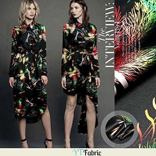 Black Stretch Silk Fabric with Colorful Dragonfly Pattern By The Yard