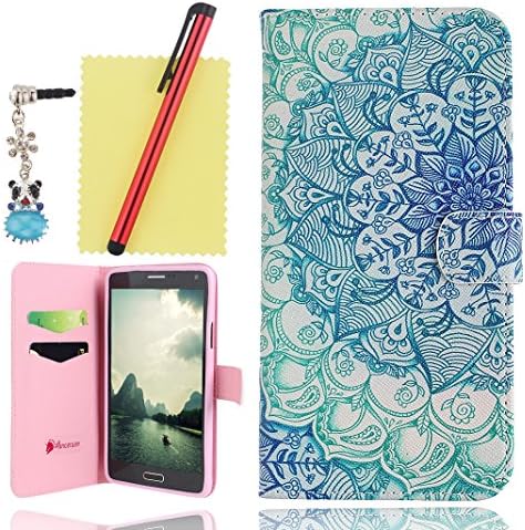 Ancerson® PU Leather Case for Samsung Galaxy Note 4 IV N9100 Vintage Colorful Printed Magnet Buckle Built-in Credit/ ID Card Slot Pocket Flip Folio Stand Protective Cover Free with a Red Stylus Touchscreen Pen, a 3.5mm Universal Crystal Diamond Rhinestones Bling Lovely Blue Panda Silvery Flower Pendant Dust Plug and a Cleaning Cloth - Retail Package (Cyan Blue Creamy White Bloom Flower)