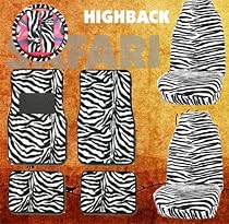 9pc Safari White Zebra Tiger Print Car Floor Mats, High Back Seat Covers, Steering Wheel Cover & Shoulder Pad Set