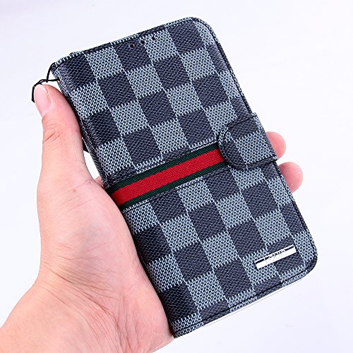RAYTOP Luxury Brand Designer Black and Gray Checks Leather Cases Covers Wallet for Samsung Galaxy Note 2 N7100 Men Guys Checkered Classy Decent Simple Gift High Quality Stylish