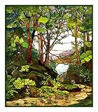 View of the Bay Through the Woods inspired by the work of Art Nouveau and Stained Glass Artist Louis Comfort Tiffany Counted Cross Stitch Chart from Watercolor
