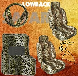 - 	 11pc Safari Tan Leopard Print Car Floor Mats, Low Back Seat Covers, Steering Wheel Cover & Shoulder Pad Set