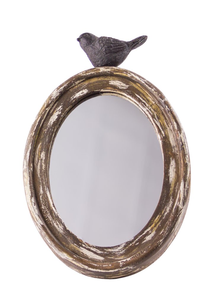 Rustic Chick Wood Oval Mirror with Bird 10"