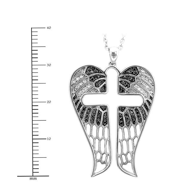 Angel Feather Wing Cross Sterling Silver White and Black Diamond Pendant Necklace Angel Feather Wing Cross Sterling Silver White and Black Diamond Pendant Necklace