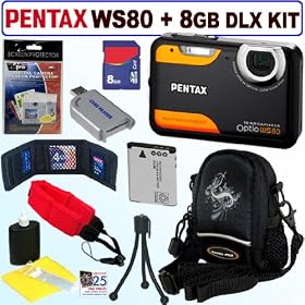 Pentax Optio WS80 10MP Waterproof Digital Camera (Black and Orange) + 8GB Deluxe Accessory Kit