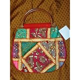 Designer Purse Multi Reds Sari Patchwork Mirrors Handbag