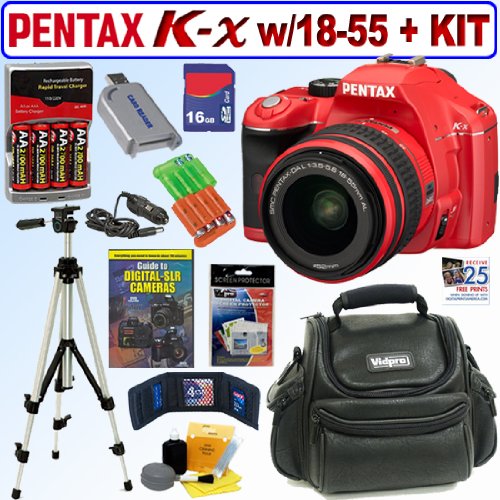Pentax K-x 12.4MP Digital SLR Camera with 18-55mm f/3.5-5.6 AL Lens (Red) + 16GB Deluxe Accessory Kit