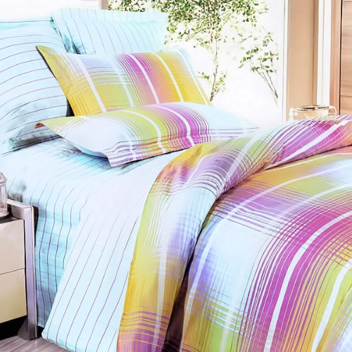 Blancho Bedding - [Golden Plaid] 100% Cotton 4PC Comforter Cover/Duvet Cover Combo (Queen Size)