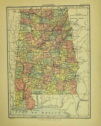 1875 MAP ALABAMA NORTH AMERICA BRITANNICA NINTH EDITION