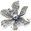 Vintage Style Black Flower Austrian Crystal Pearl Pin Brooch and Necklace Pendant