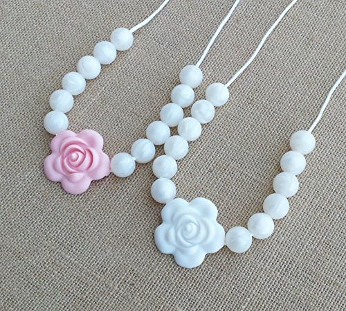 Children's Sensory Necklace Chew Necklace Chewelry/White or Pastel Pink Flower with Shiny Beads