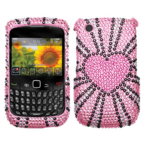 Pink Black Silver Fervor Heart Full Diamond Snap on Design Hard Case Faceplate for Blackberry Curve 3g 9300 9330 8520 8530