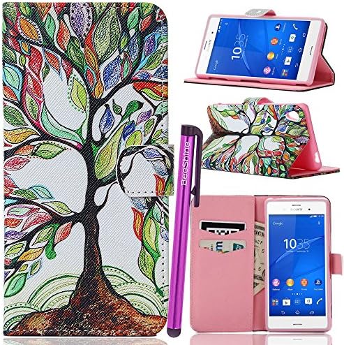 BeeShine Retail Package Card Holder Style " Xperia Z3 " Wallet Case, PU Leather Flip Stand Flap Pouch Cover Skin For Sony Xperia Z3 + Screen Protector & Touch Stylus Pen(Colorful Big Tree Leaf Pattern)