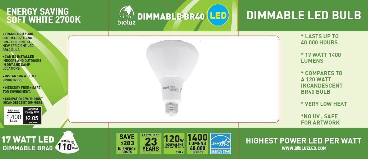 Bioluz LED Br40 Smooth 17w = 120w Equiv 2700k 1400 Lumen Dimmable ...