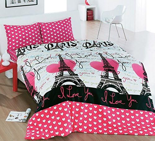 Paris Eiffel I Love You Polycotton Double Queen Size Bedding Duvet Quilt Cover Set