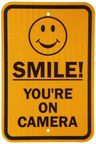 SmartSign 3M High Intensity Grade Reflective Sign, Legend “Smile! You’re On Camera” with Graphic, 18″ high x 12″ wide, Black on Yellow