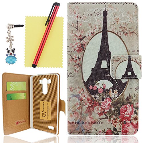Ancerson Vintage Stylish Printed Flower Series Magnet Buckle Built-in Credit/ ID Card Wallet Slots Ultra Slim PU Leather Protective Flip Folio Stand Case fit for LG G3 Free with a Red Stylus Touchscreen Pen, a 3.5mm Universal Crystal Diamond Rhinestones Bling Lovely Blue Panda Silvery Flower Pendant Dust Plug and a Cleaning Cloth - Retail Package (Hot Pink Rose Black Eiffel Tower Floral)