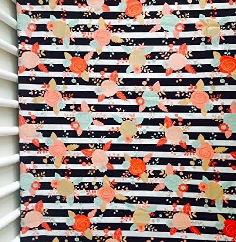Crib Sheet in Black and White Stripe with Coral, Gold, Mint Floral