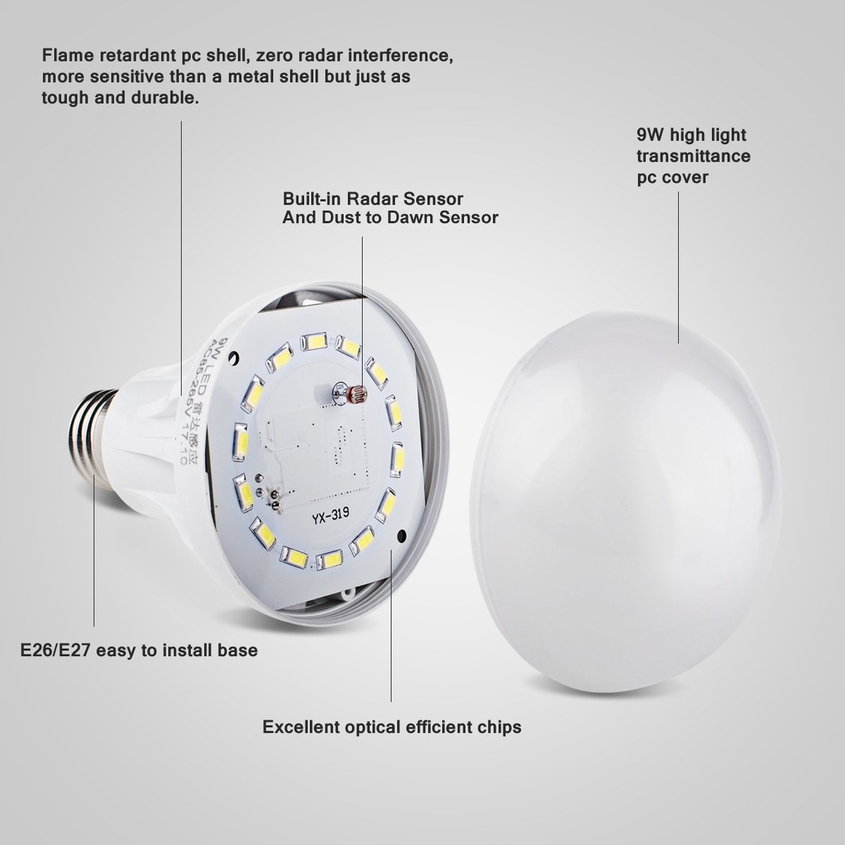 Motion Sensor Light Bulb Radar Motion Activated LED Bulb Dusk to Dawn