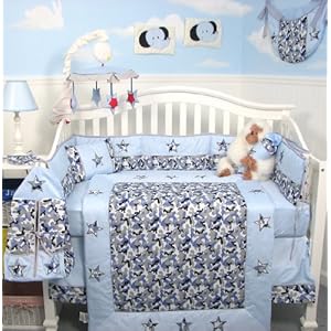 Soho Modern Blue Camouflage Baby Crib Nursery Bedding Set 13 Pcs Included Diaper Bag With Changing Pad & Bottle Case