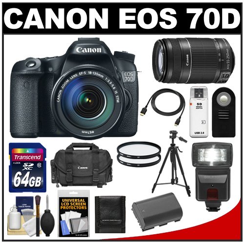 review Canon EOS 70D Digital SLR Camera & EF-S 18-135mm IS STM Lens with 55-250mm IS Lens + 64GB Card + Battery + Case + Filters + Flash + Tripod + Kit